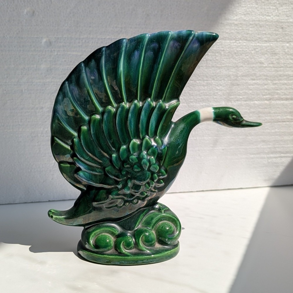 Royal Haeger Ceramic Ring Neck Duck Vase Green Drip Glaze Bird Decor MCM